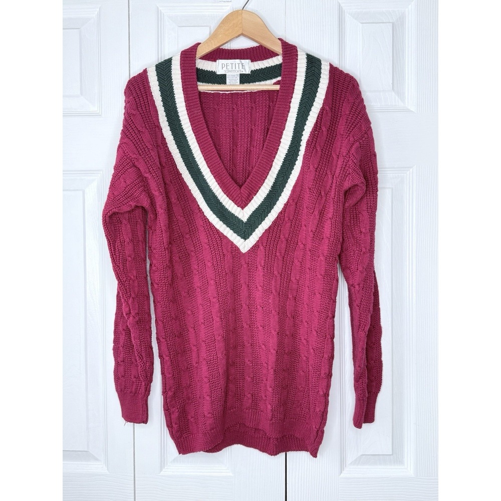 Petite Sophisticate Red/green TENNIS GOLF sweater V-neck Cable Knit SZ M Preppy